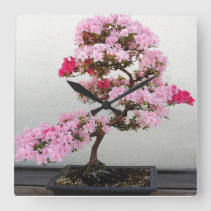Horloge Carrée Cadran mural d'arbre bonsaï rose