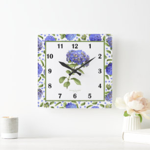 Horloge Carrée Cadran mural d'art botanique aux hortensias bleus
