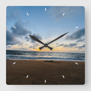 Horloge Carrée Cadran mural décoratif de plage de coucher de sole