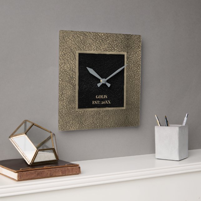 Horloge Carrée Cadran mural en cuir marron faux noir (Bureau)