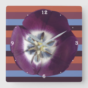 Horloge Carrée Cadran mural Fleur de tulipe violette et rayures
