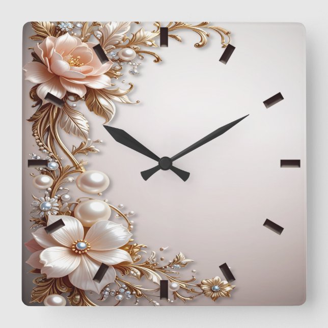 Horloge Carrée Cadran mural Fleurs roses et blanches tendres (Recto)