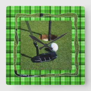Horloge Carrée Cadran mural Golf Club Green Tartan Par