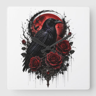 Horloge Carrée Cadran mural Gothique Corbeau Lune Rouge & Roses
