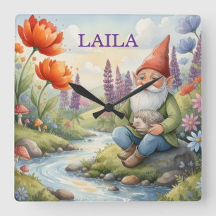 Horloge Carrée Cadran mural personnalisé de gnome fantaisiste
