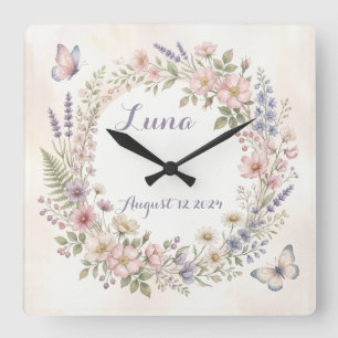 Horloge Carrée Cadran Personnalisé Floral Aquarelle Rêveur