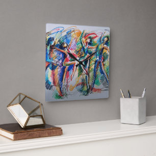 Horloge Carrée Cadre acrylique de danseurs abstraits Rythme de Mo