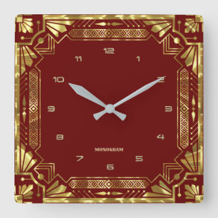 Horloge Carrée Cadre Art Déco Or Sur Rouge Foncé