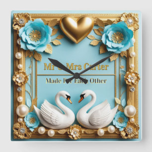 Horloge Carrée Cadre de mariage cygne pour décoration de mariage