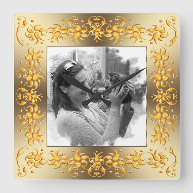 Horloge Carrée cadre doré fleuri rétro. votre photo. (Recto)