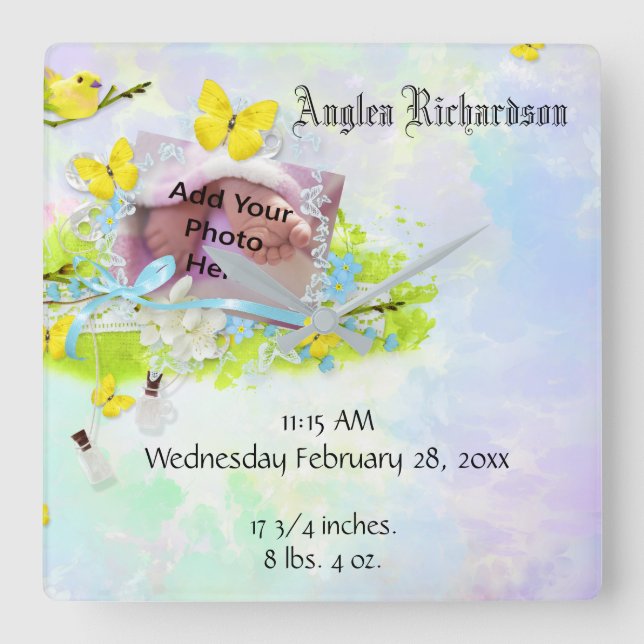 Horloge Carrée Cadre jaune de photo de l'oiseau et du papillon du (Recto)
