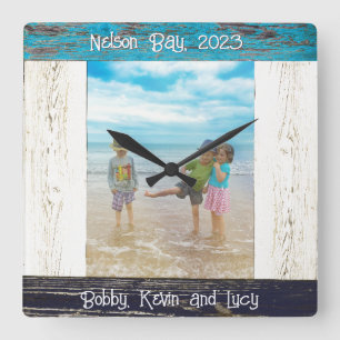 Horloge Carrée Cadre photo en bois blanc bleu rustique de plage