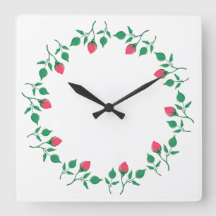 Horloge Carrée Cadre rond fleuri avec fleurs roses