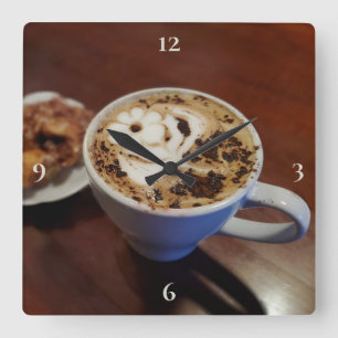 Horloge Carrée Café Art Café Latte Coffee Cup Rustique