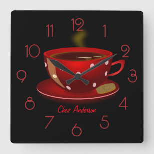 Horloge Carrée Café Café Rouge et Noir Personnalisé