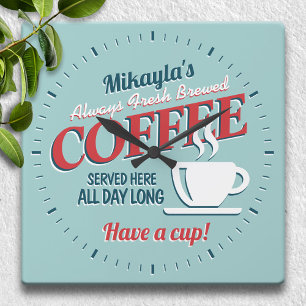 Horloge Carrée Café Vintage frais brassé amusant Personnalisé