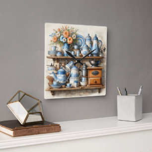 Horloge Carrée Café Vintage Set café bleu blanc