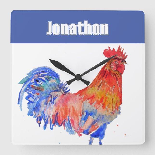 Horloge Carrée Cahier de notes du nom de garçon enfants coq poule (Recto)