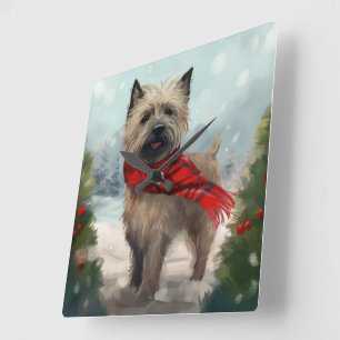 Horloge Carrée Cairn Terrier Dog dans Noël de neige