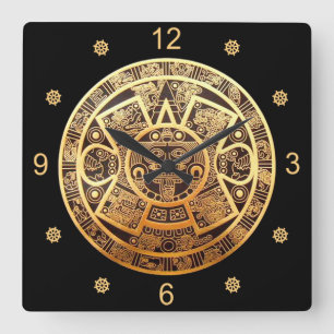 Horloge Carrée Calendrier Sun Aztec ~ Or & Noir ~ ~