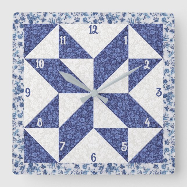 Horloge Carrée Calico blanc et bleu Pinwheel Faux Quilt (Recto)