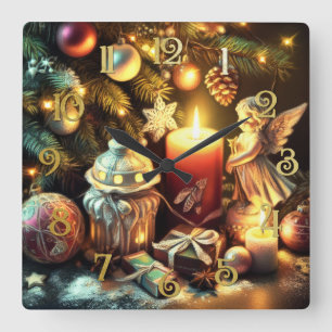 Horloge Carrée Calque Dessin Arbre de Noël Bougie Angel