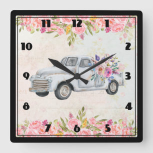 Horloge Carrée Camion de ramassage vintage Aquarelle rustique