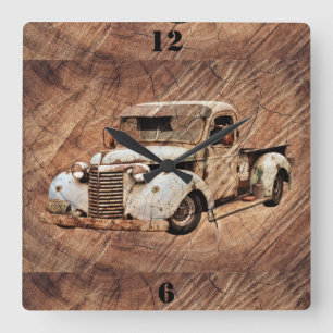 Horloge Carrée Camion vintage Bois rustique