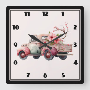 Horloge Carrée Camion Vintage rose