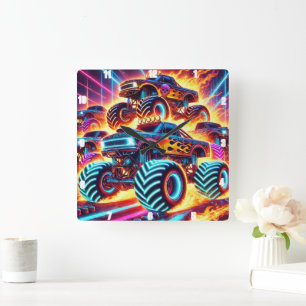 Horloge Carrée Camions monstre de néon sur un sac à action flambo