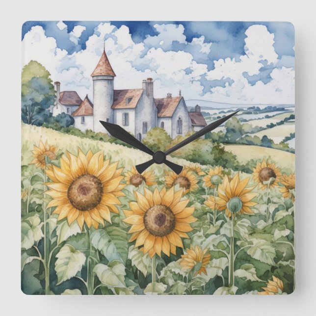 Horloge Carrée Campagne Française Avec Tournesols (Recto)