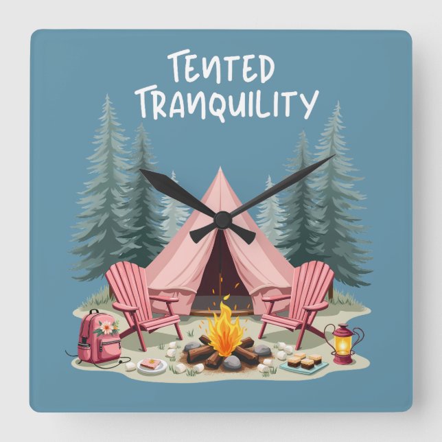 Horloge Carrée Camping Cosy Tente de Glamping Esthétique & Feu de (Recto)