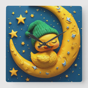 Horloge Carrée Canard de dessin animé mignon et lune