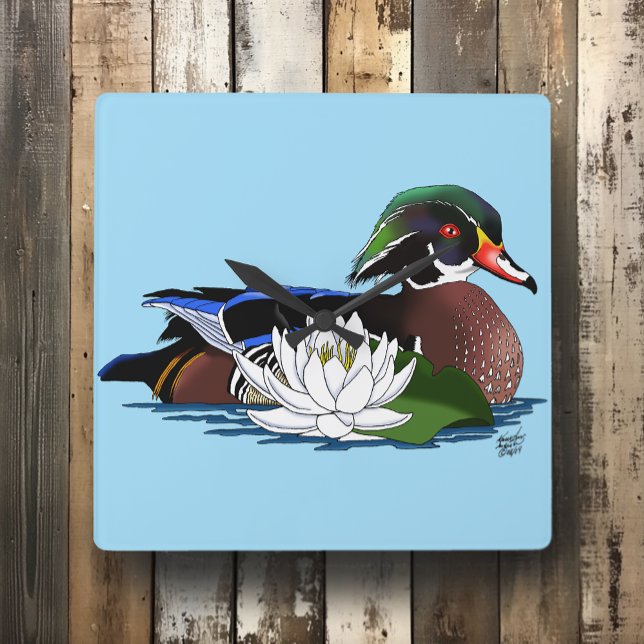 Horloge Carrée Canard en bois coloré nénuphar faune bleu (Créateur téléchargé)