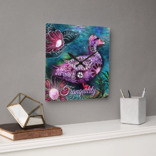 Horloge Carrée Canard Floral Fantaisiste Violet Turquoise Personn