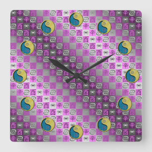 Horloge Carrée Cancer & Coq de Métal