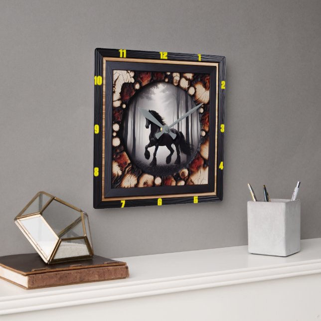 Horloge Carrée Canne de bois personnalisé Charred Wood Friesian (Bureau)