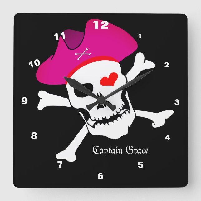 Horloge Carrée Capitaine Grace & Pirates Drapeau, Maison du crâne (Recto)