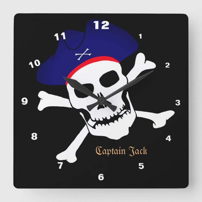 Horloge Carrée Capitaine Jack & Pirates Drapeau, Maison du crâne  (Recto)