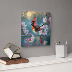 Horloge Carrée Cardinal masculin en fleurs de cerisiers au clair 