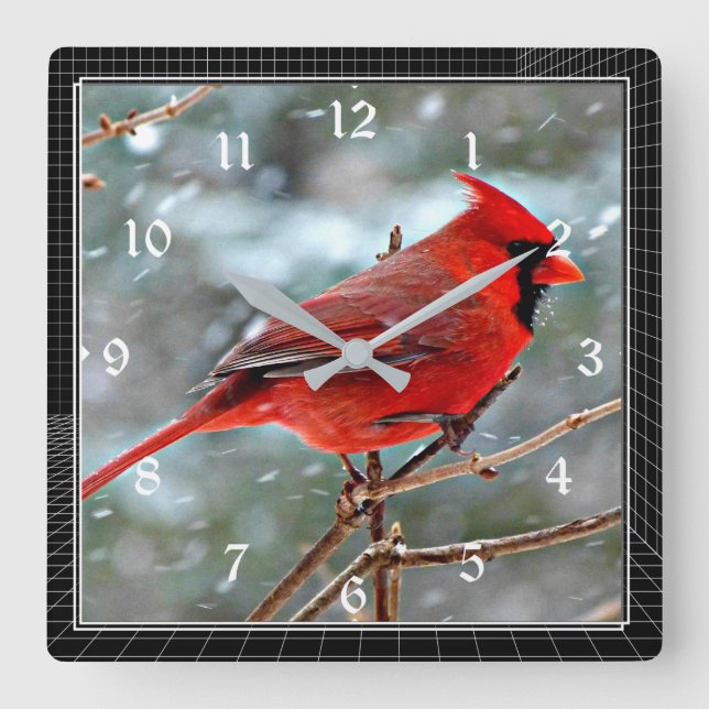 Horloge Carrée Cardinal rouge dans la neige d'hiver (Recto)
