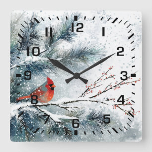 Horloge Carrée Cardinal rouge sur branche de pin enneigée