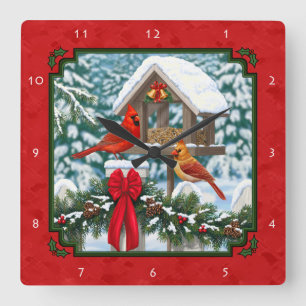 Horloge Carrée Cardinaux de Noël Mangeoire Rouge