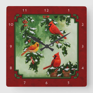 Horloge Carrée Cardinaux du Nord et Holly Red