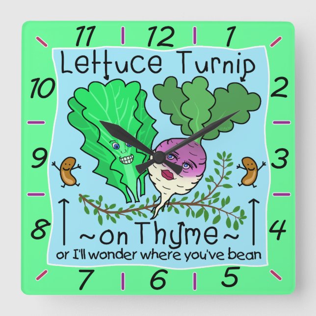 Horloge Carrée Caricature à base de lait amusant Turnip Thyme Pun (Recto)