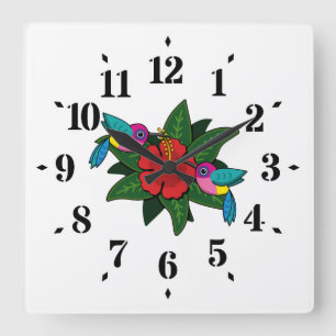 Horloge Carrée Caricature à fleurs d'Hibiscus - W