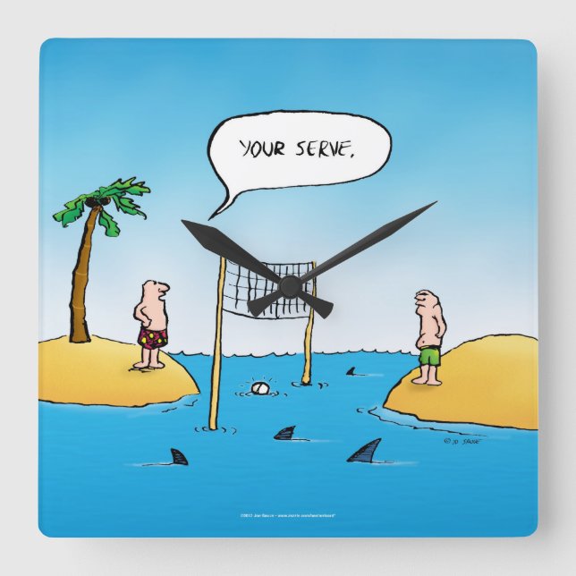 Horloge Carrée Caricature amusante de Shark Volleyball (Recto)