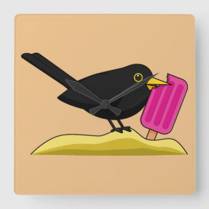 Horloge Carrée Caricature Blackbird Manger Une Crème De Glace