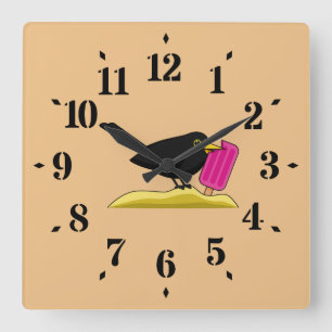 Horloge Carrée Caricature Blackbird Manger Une Crème De Glace