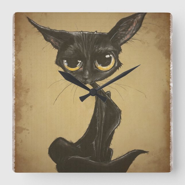 Horloge Carrée Caricature de chat noir Sassy (Recto)